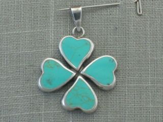 Vtg Ati Mexico Sterling Inlaid Turquoise 4 Heart Leaf Clover Necklace Pendant