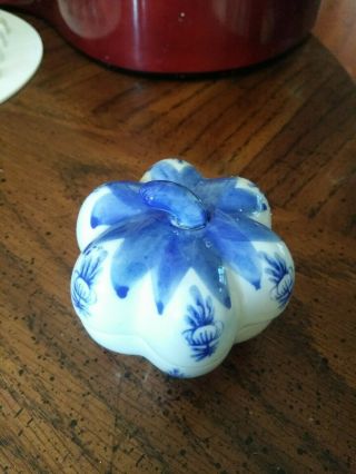 Vintage Cobalt Blue And White Porcelain Pumpkin Shaped Trinket Box