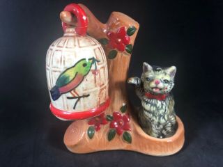 Made In Japan Cat And Birdcage With Stand Salt & Pepper Shaker Set Vintage 10c