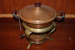 Vintage Copper Chafing Dish Warming Serving Tray Brass 3 Leg Stand With Burner