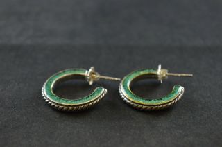 Vintage Sterling Silver Half Hoop Earrings W Green Stone Inlay - 7.  3g