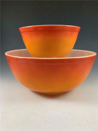 Pair Vintage Pyrex Flameglo Orange To Red Mixing Bowls 402 (1½ Qt) & 404 (4 Qt)