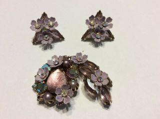 Vintage Kramer Brooch And Earring Set Lavender Flower Enamal And Rhinestones
