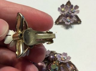 Vintage Kramer Brooch And Earring Set Lavender Flower Enamal And Rhinestones 3