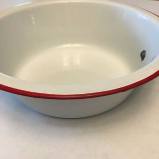Vintage Enamel ware Bowl Basin White Red Trim Farmhouse Serving Feed pan dish 2