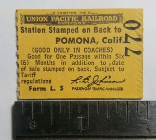 1970 Union Pacific Railroad Pomona California Los Angeles Ca Rr Ticket Vintage