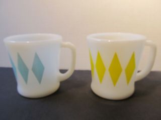 2 Vintage Fire King Mugs With Large Diamonds - Yellow And Turquoise