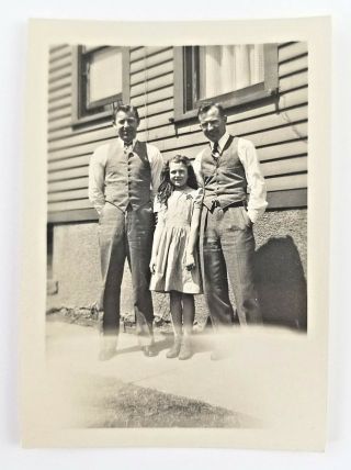 Snapshot Photograph Two Men And Girl Standing Outside Of House Vintage
