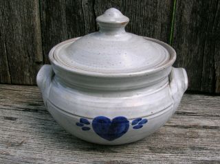 Vintage Signed M L Owen Hand Thrown Pottery Covered Bean Pot From Seagrove Nc