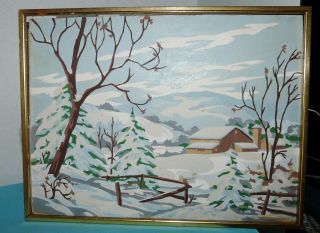 Vtg Framed Paint By Number Winter Scene 16 - 5/8 " X 12 - 3/4 Farm - Pine Tree - Snow 50s