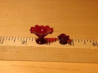Vintage Miniature Dollhouse Red Footed Bowl Ruffled &a Small Red Ruffled Bowl