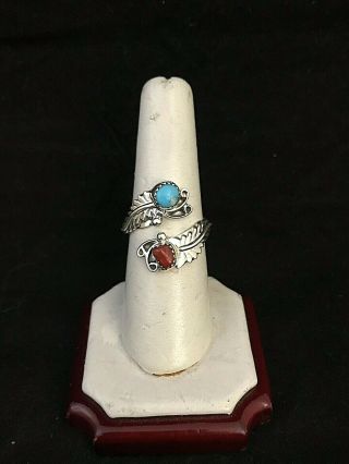 Vintage Sterling Silver Turquoise And Coral Bypass Ring
