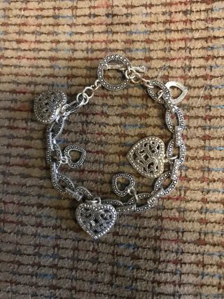 Vintage Hairpin Sterling Silver Charm Bracelet With 10 Puffy Heart Charms,  7.  25 "