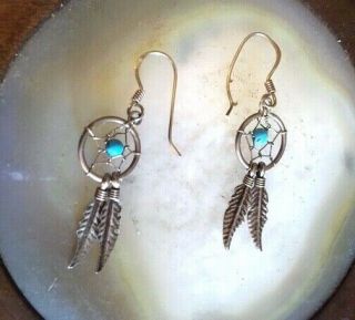 Vintage Navajo 925 Sterling Silver Turquoise Dream Catcher Dangle Earrings 1.  9g