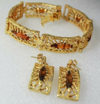 Vintage Signed S.  H.  P.  Jeweled Web Gold Tone Bracelet Earrings Set
