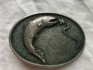Vintage Trout Or Salmon Fly Fishing German Silver Belt Buckle -