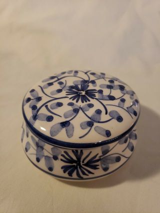Vintage Collectible Vestal Alcobaca Portugal Handpainted Trinket Box Blue Round