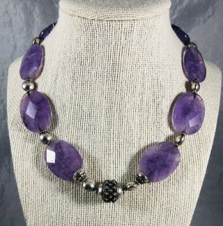 Vintage Sterling Silver Chunky Faceted Amethyst Statement Necklace 17” Long