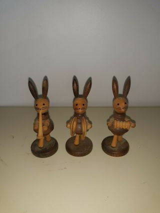 Vintage 3 Miniature Wooden Rabbit Playing Instruments Germany