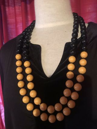 Vintage Bright Yellow & Black Plastic Beaded Necklace,  Hangs 2 - Strands 26 & 28”