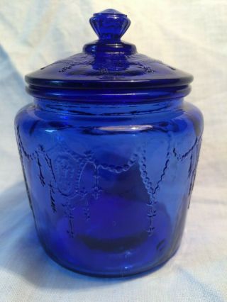 Vintage Cobalt Blue Victorian Pattern Ginger Jar With Lid - Small 3 1/2 "