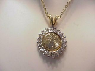 Vintage Lady Liberty Mini Coin Pendant Clear Rhinestone Frame Round 5/8 D Gold T
