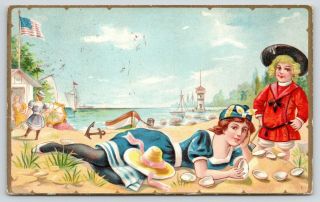 Vintage Bathing Beauty On Beach Seashells Girl In Red Seaside Series Emboss 1909