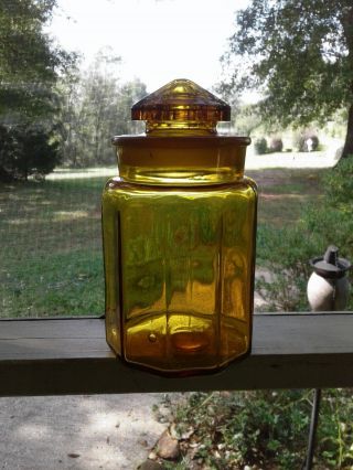 Vintage Le Smith Amber Glass 10 Panel Canister Apothecary Jar & Lid 9 1/2 " Tall