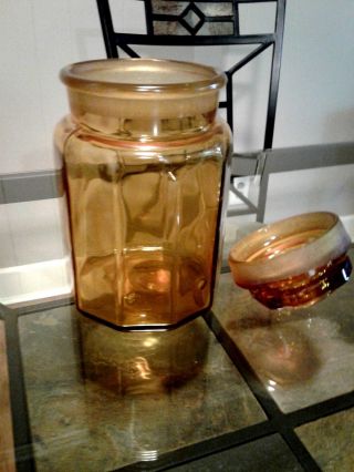 Vintage LE Smith Amber Glass 10 Panel Canister Apothecary Jar & Lid 9 1/2 