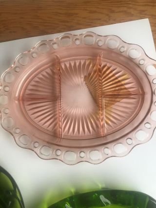 Vintage Pink Depression Glass Divided Relish Dish Scalloped Edge