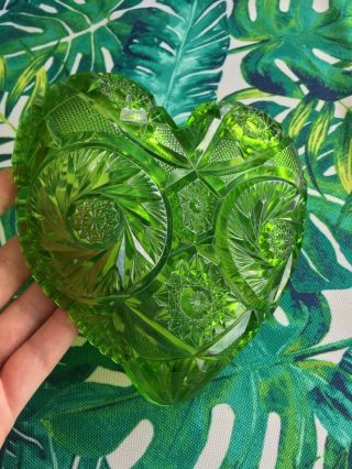 Vintage Green Depression Cut Glass Heart Shape 6  Bowl Spinning Star