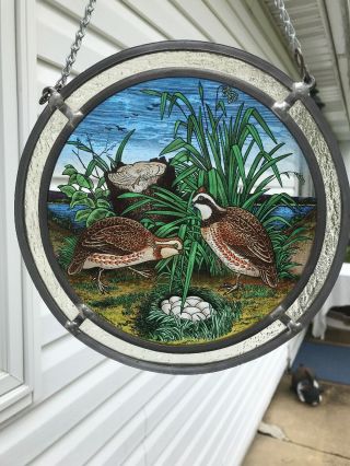 Vintage Glassmasters 1979 Stained Art Glass Window Round Quail Family 8 3/4”