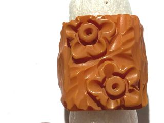 Vintage Small Bakelite Ring - Simichrometest - Carved Flower Ornate Pumpkin Orange