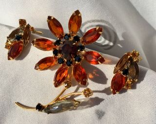 Vintage Amber Yellow Open Back Rhinestone Flower Brooch Pin Earrings Juliana ?