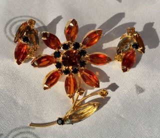 Vintage Amber Yellow Open Back Rhinestone Flower Brooch Pin Earrings Juliana ? 3