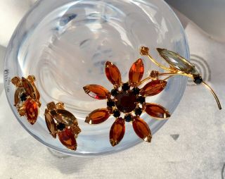 Vintage Amber Yellow Open Back Rhinestone Flower Brooch Pin Earrings Juliana ? 5