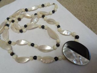 Vintage Multi 2 Strand Mother Of Pearl Onyx Beaded Necklace Removable Pendant