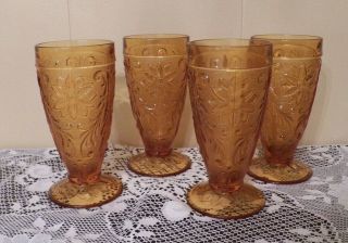 Indiana Tiara Glass Co.  Vintage 4 Amber Sandwich Glass Footed Ice Tea Tumblers