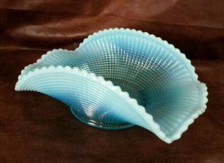 Vintage Aqua Opalescent Glass Folded Dish Banana Tiny Squares Pattern