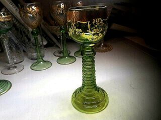 Vintage Bohemia Lead Crystal - Gilt/enamel In Grass Green - 7 1/2 " Roemer Wine Goblet