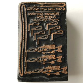 Vintage Patent Applied For Fish Stringer W/bass Letterpress Wood Printers Block