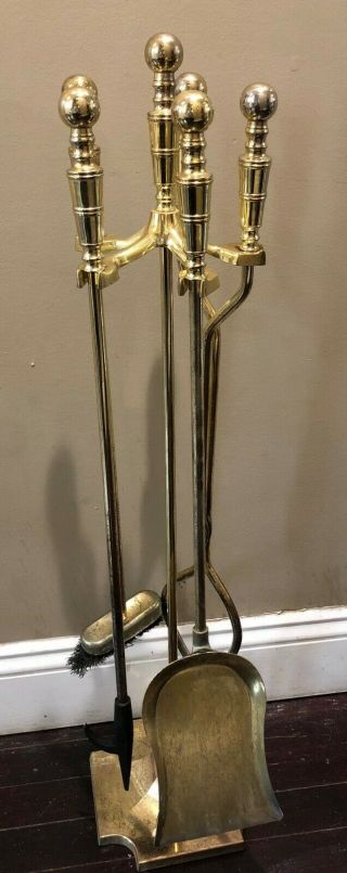 Vintage Brass Fireplace Tools Set 4 Piece Stand Poker Tongs Shovel Broom