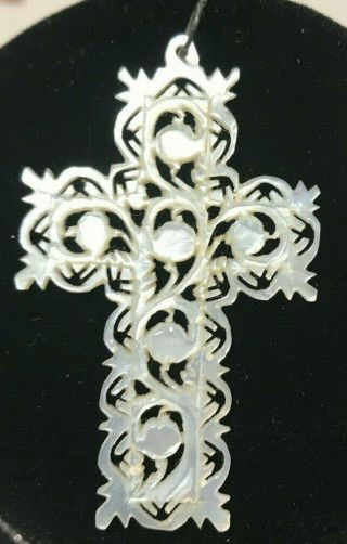 Vintage Artisan Ornate Carved Mother Of Pearl Cross Pendant Necklace Bethlehem