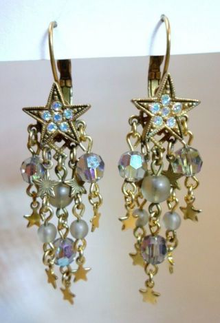 Vintage Kirks Folly Earrings Gold Star & Aurora Borealis Dangles 2.  5 " Long