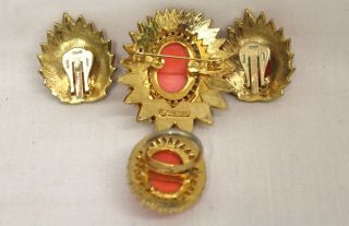 Vintage Emmons Brooch Clip Earring Ring Set Gold Tone W/ Faux Coral And Pearl