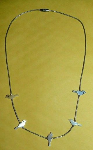 Vtg Native American Zuni Sterling Silver & Mother Of Pearl Bird Fetish Necklace