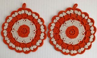 Vintage Hand Crocheted Potholders Hot Pads,  Orange & White