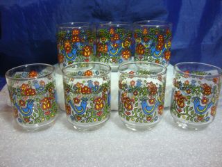 7 Vintage Libbey Juice Glass Country Festival Blue Bird Red Tulips