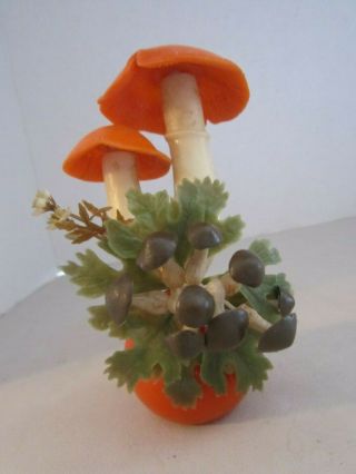 Vintage Plastic Mushroom Figure 1960s.  Round Orange Lucite Base.  6 " Tall Display