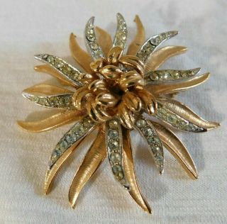 Vintage Coro Clear Crystal Rhinestone,  Brushed Gold Flower Brooch Pin 2 1/2 "